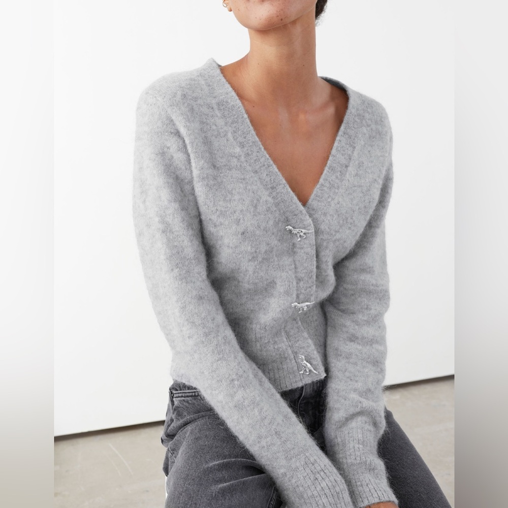 &Other Stories Gray Dinosaur Button Knit Cardigan in Size XS